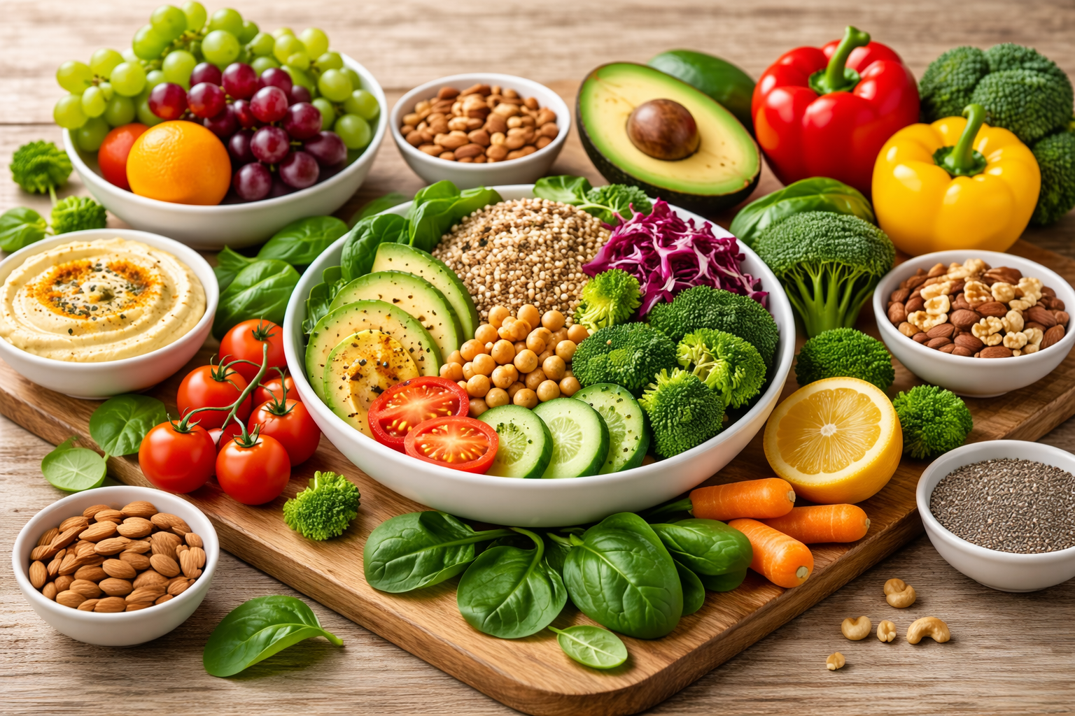 Colourful spread of fresh fruits, vegetables, nuts, and grains