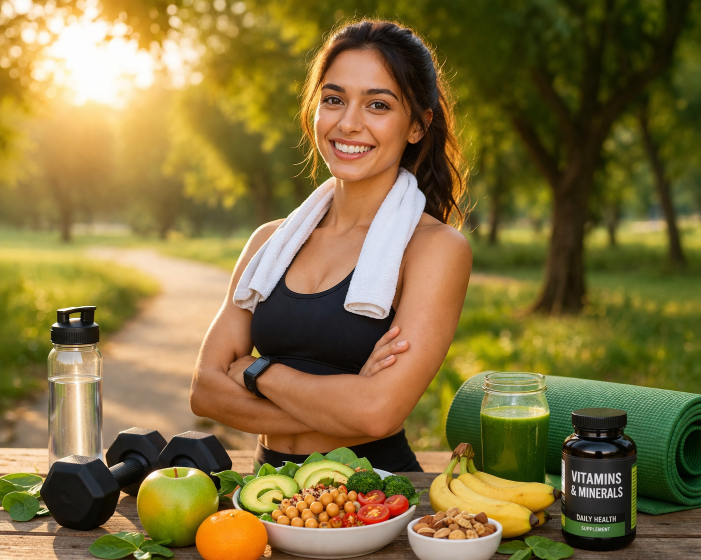 Fit Indian woman outdoors with healthy food and supplements