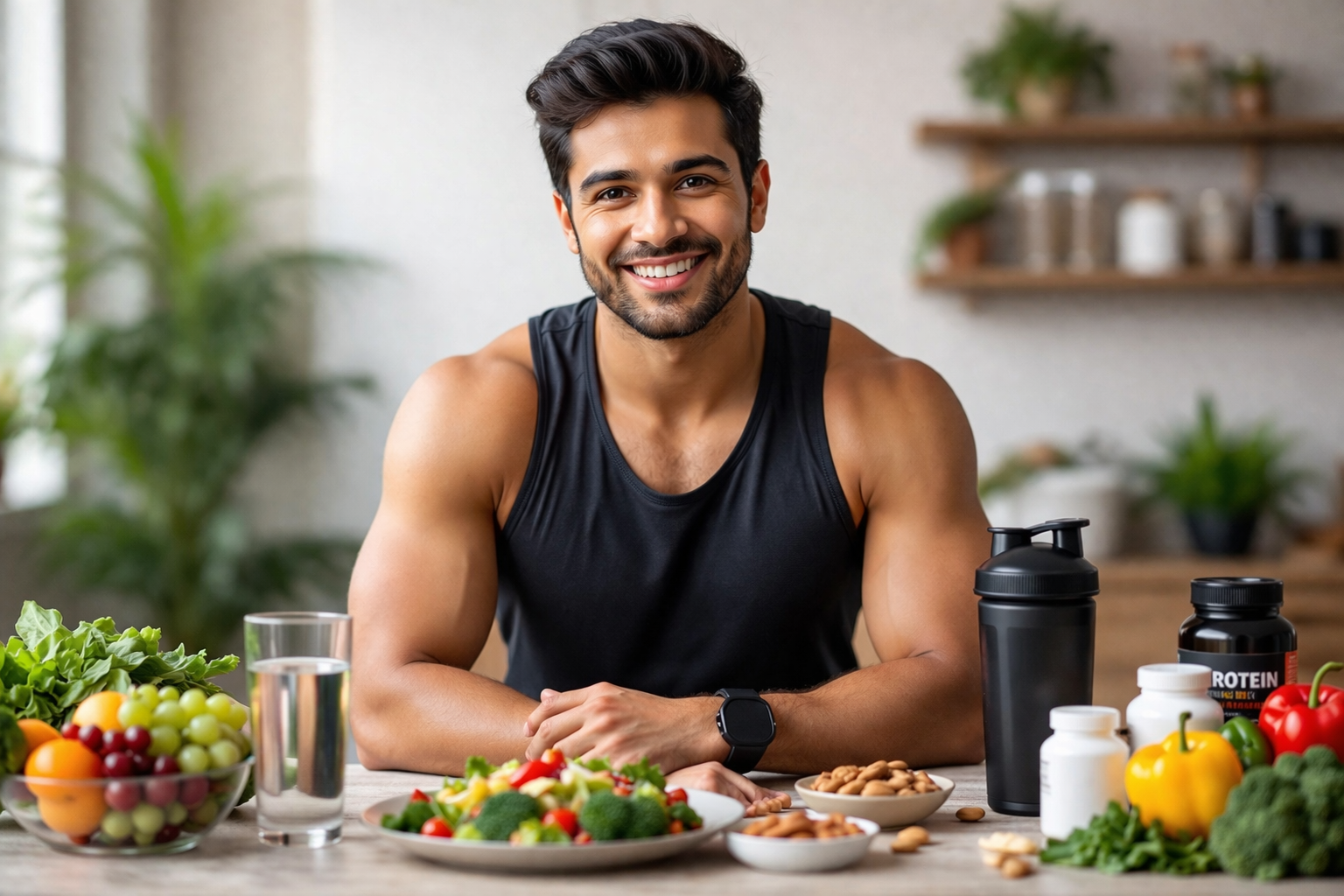 Fit Indian man in kitchen with healthy food and supplements