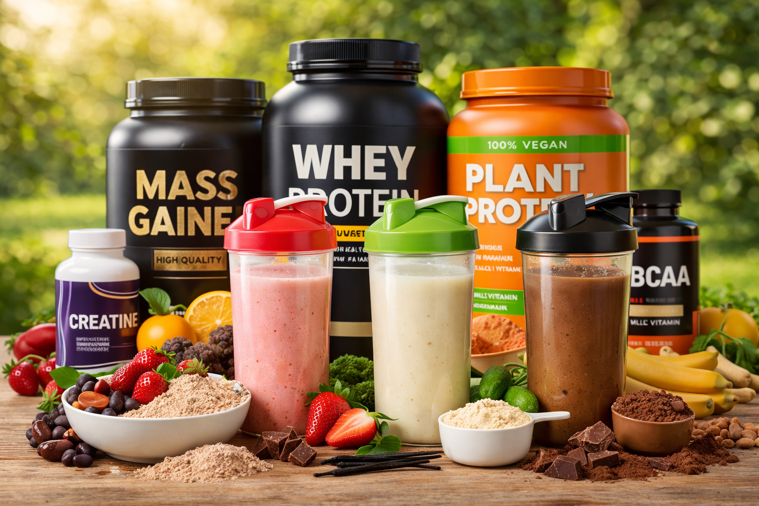 Protein supplements including whey, plant protein, creatine, and BCAA